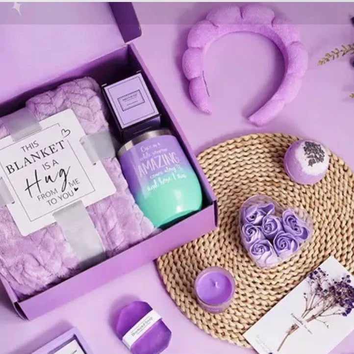 Aromatherapy candle gift box with multiple colour suit options including pink, purple, blue, black, and sunflower designs.