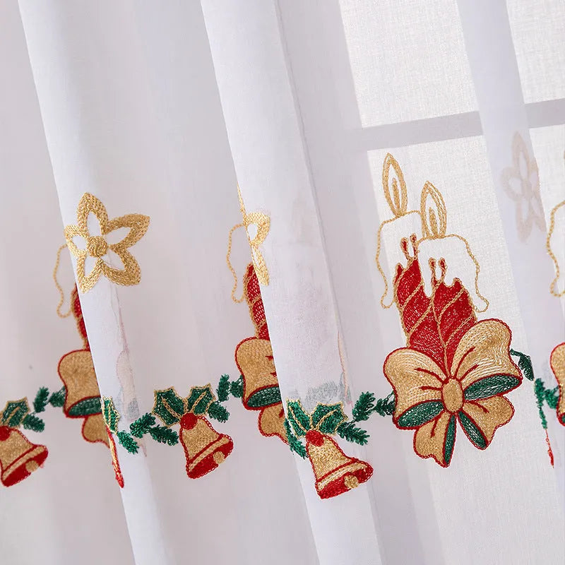 Pair of American-style Christmas curtains with snowflake embroidery on polyester fabric