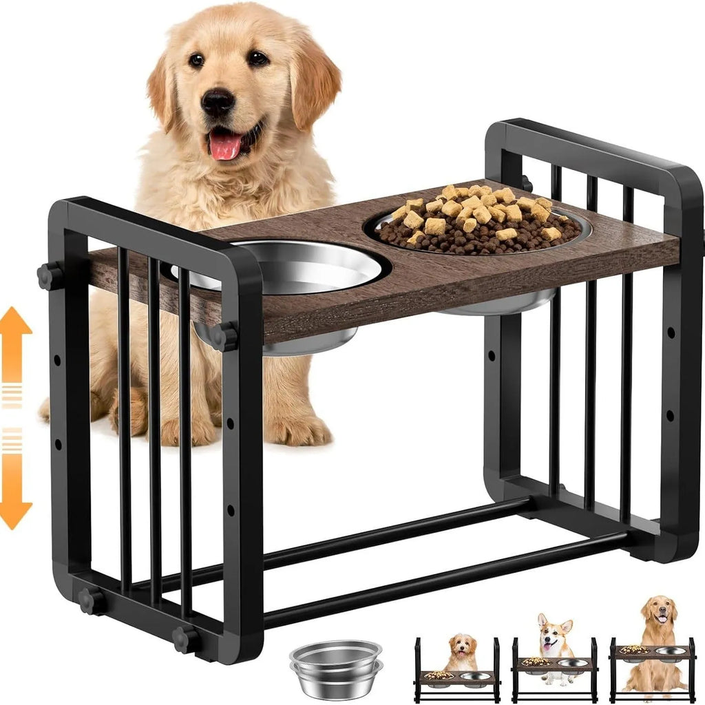 Black wooden dog bowl stand with non-slip brackets measuring 37x23cm