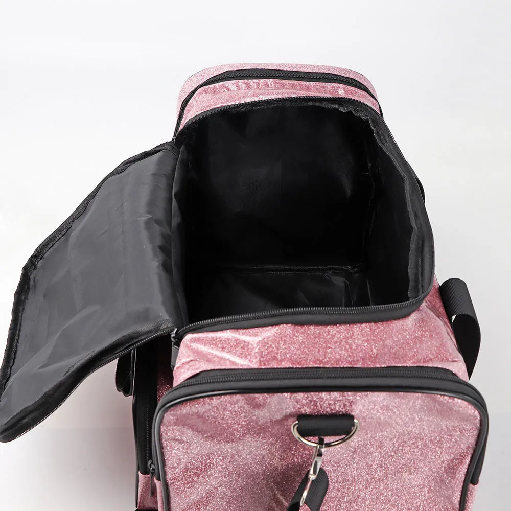 Large grey PU leather sports handbag with letter detailing, shown with compartments open