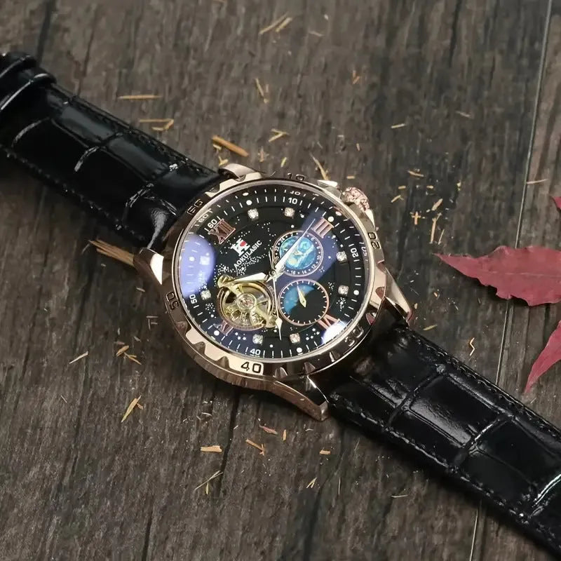 Men's automatic mechanical watch with large hollow black dial and rose gold case