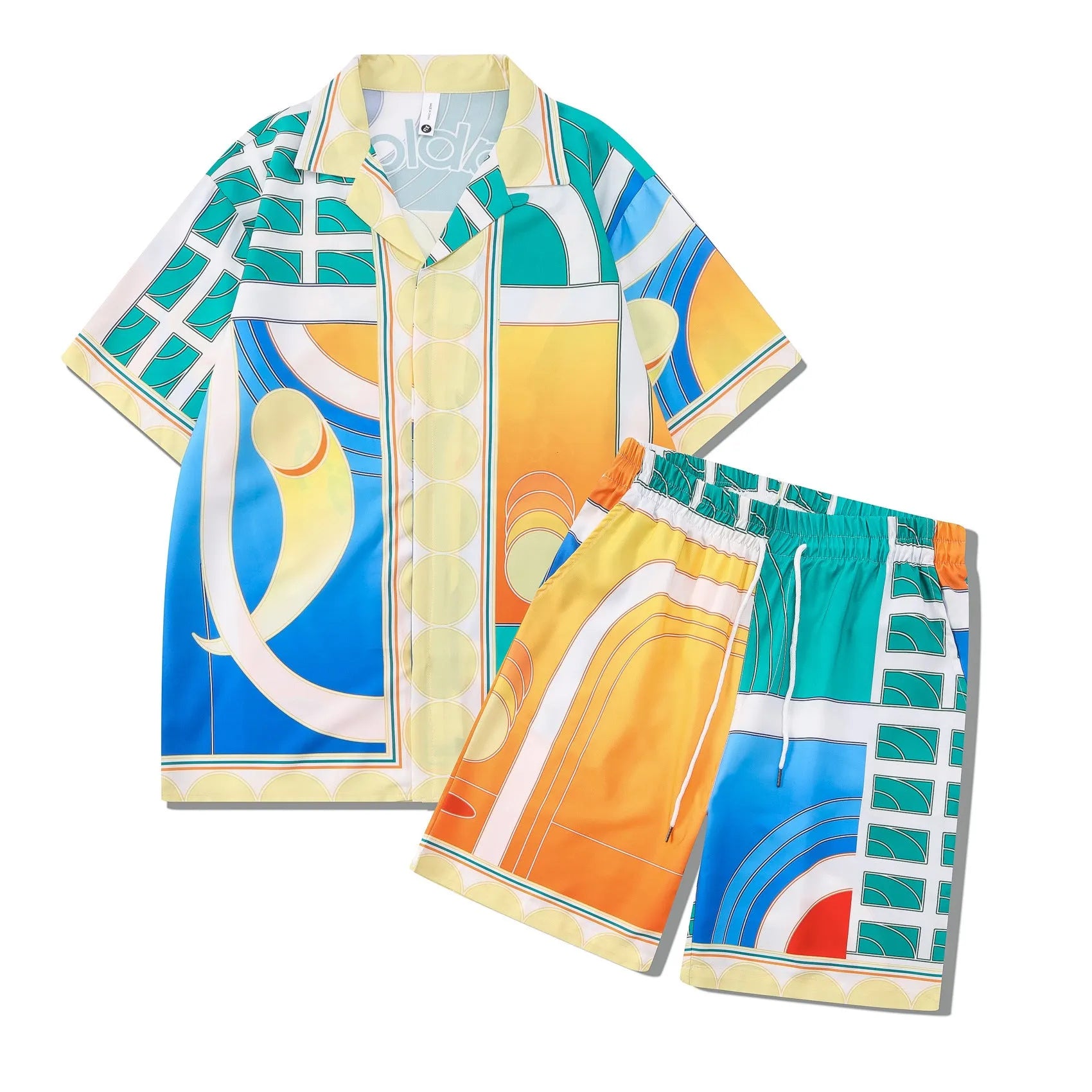 Plaid printed beach outfit for men, consisting of a short sleeve shirt and matching shorts.