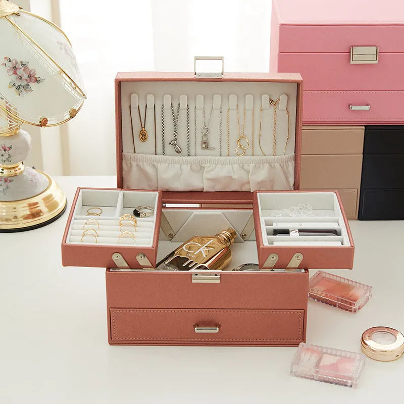 PU leather jewellery storage box in solid colour with hard case construction 22.5x15.5x14cm