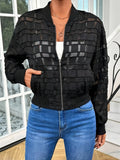 Black women's casual jacket with geometric pattern, semi-transparent fabric, and a full-length front zipper.