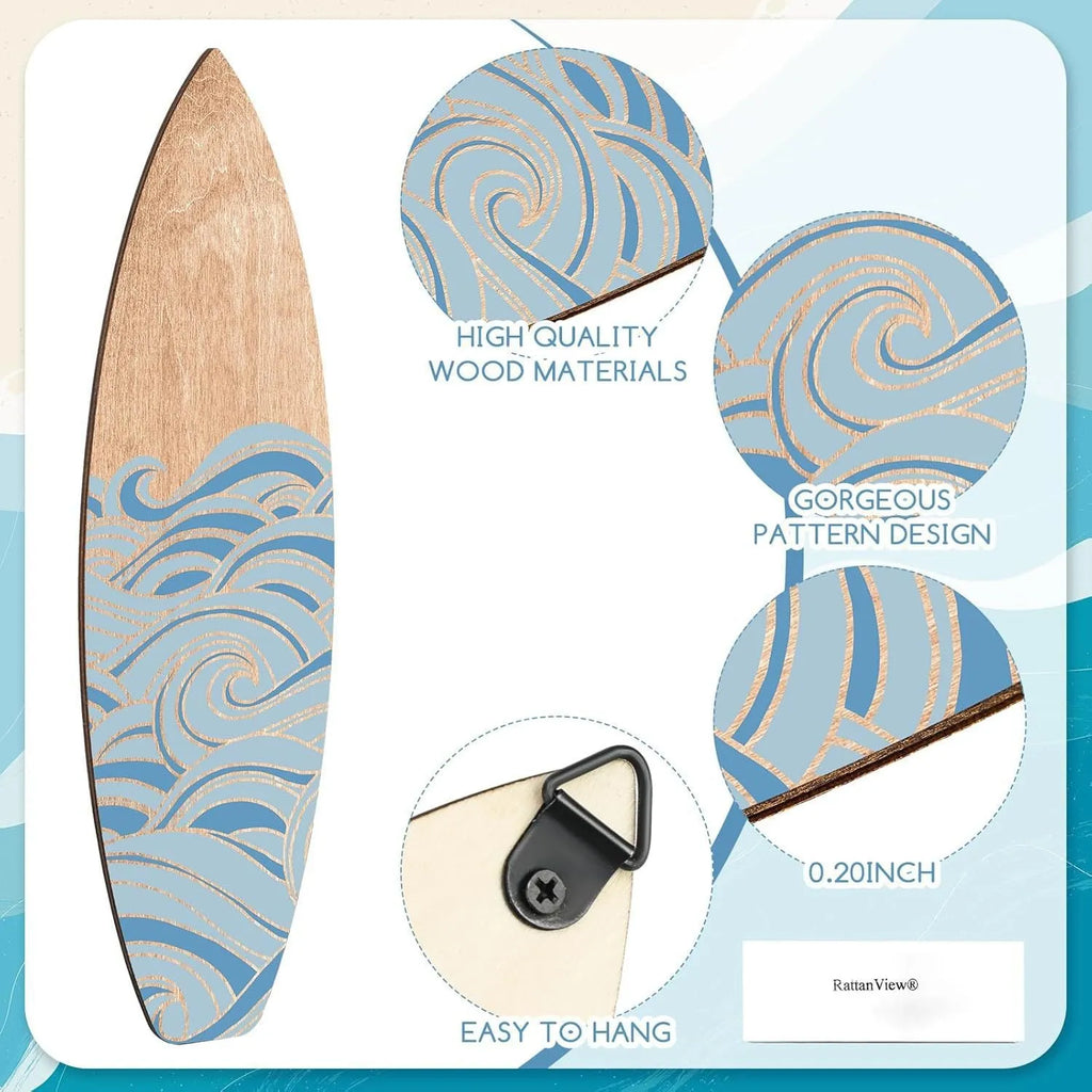 Three identical wooden surfboard shaped wall decorations on a white background.