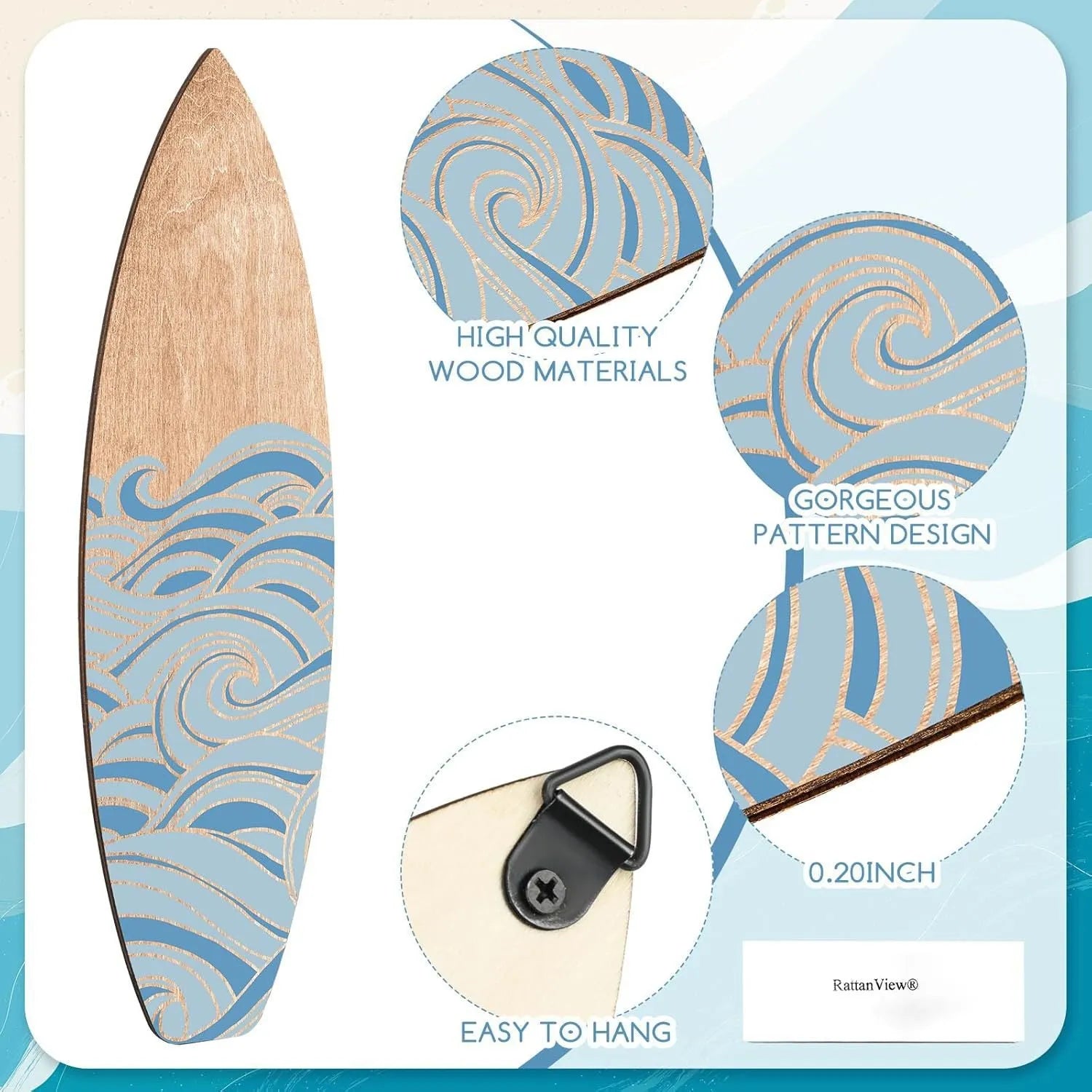 Three identical wooden surfboard shaped wall decorations on a white background.