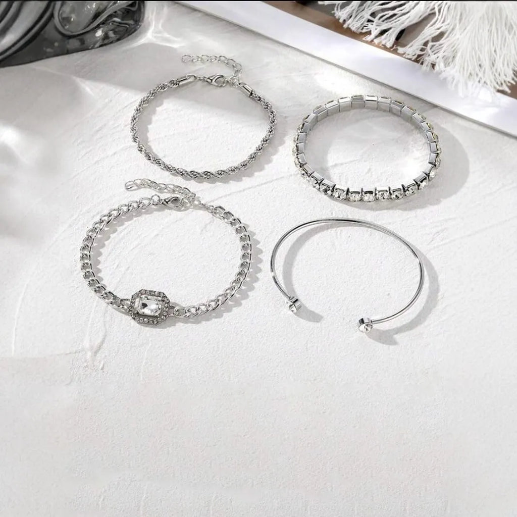 Retro geometric women's alloy bracelet set with square diamond charms in gold or silver metal chain design
