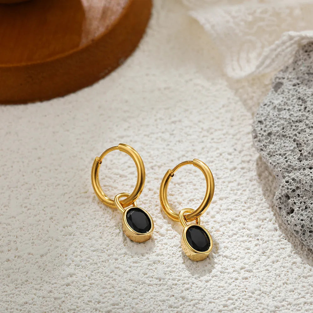 Copper retro oval earrings with zircon stones in six colour variations.