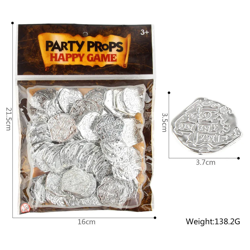 Doli set of 100 electroplated plastic Roman coins in bronze, gold, or silver finish.