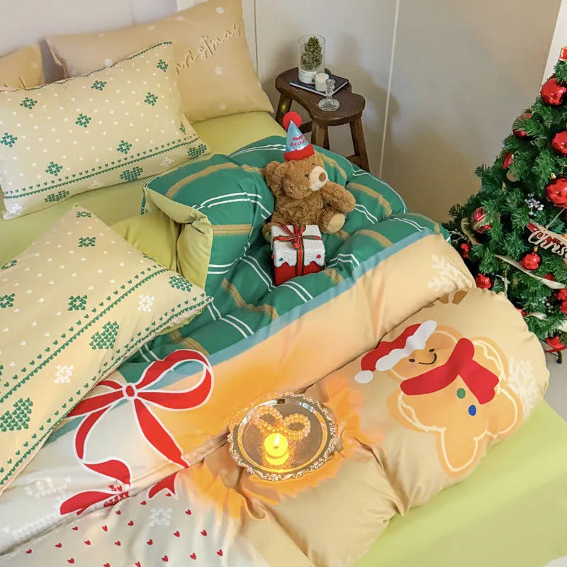 Christmas cartoon printed four-piece bedding set showing gingerbread man pattern on super soft washed cotton material