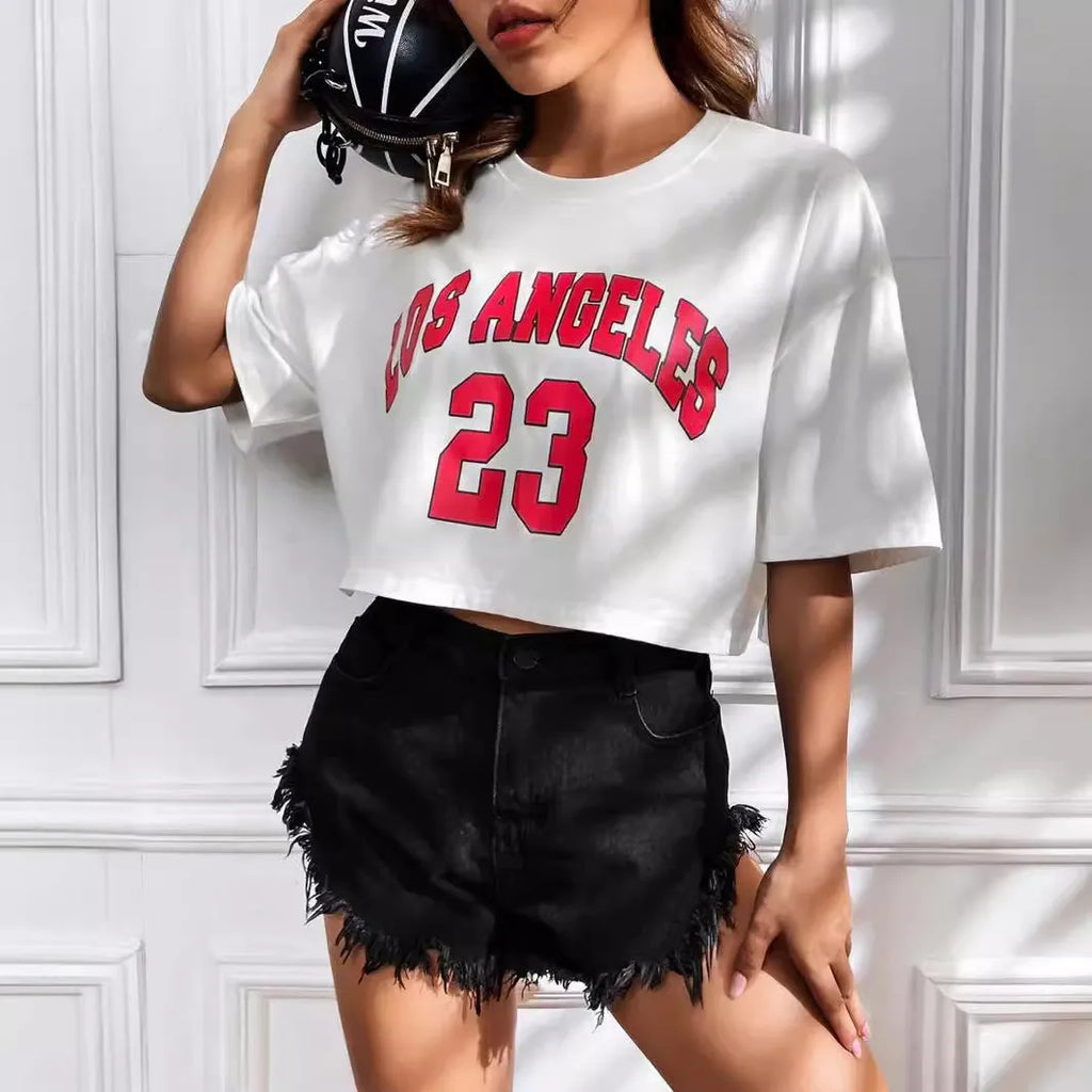 Women's black cropped cotton t-shirt with white personalised English letter print, loose fit, short sleeves.