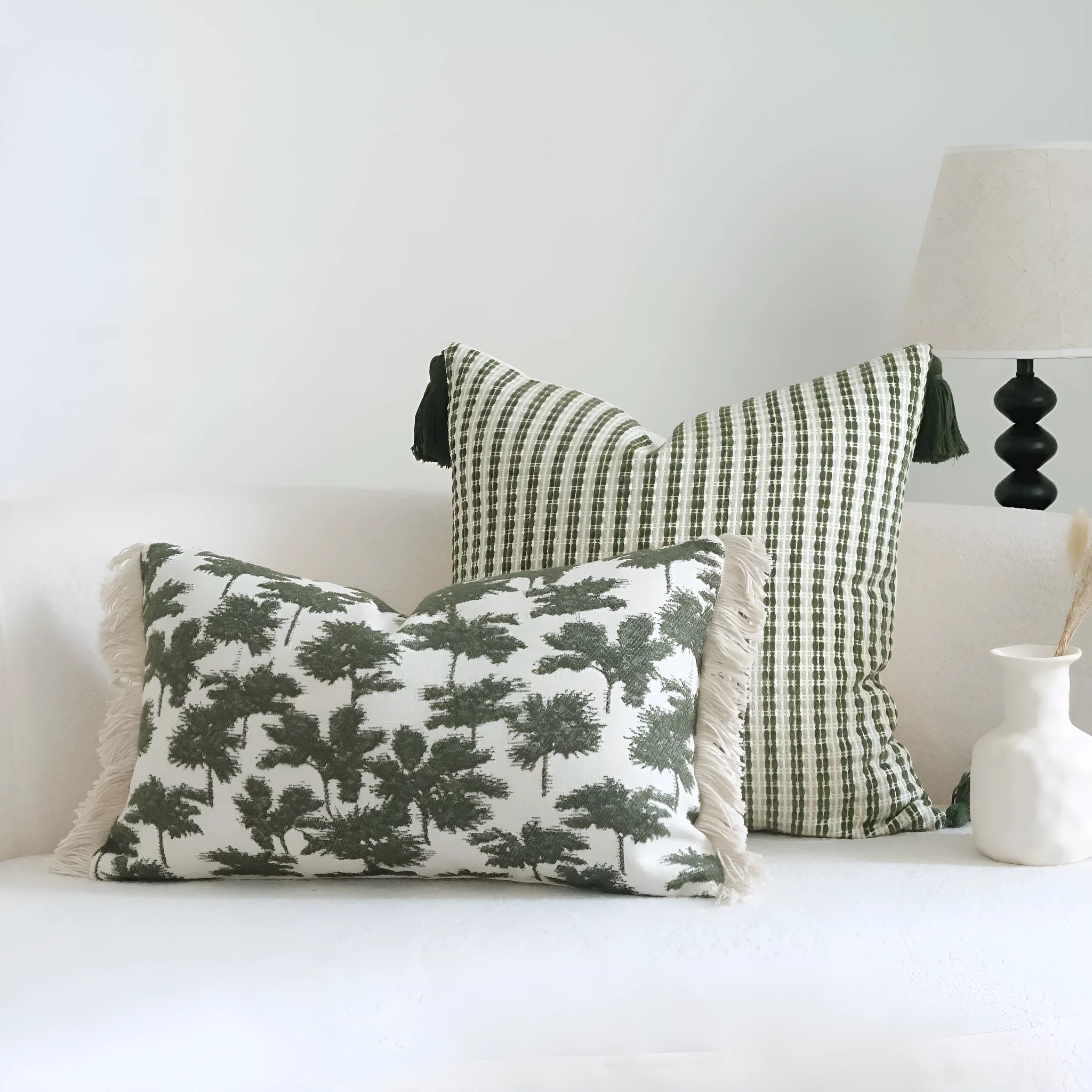 Green cotton linen hotel sample pillow with tassel decoration and silk floss filling