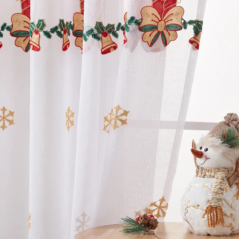 Pair of American-style Christmas curtains with snowflake embroidery on polyester fabric