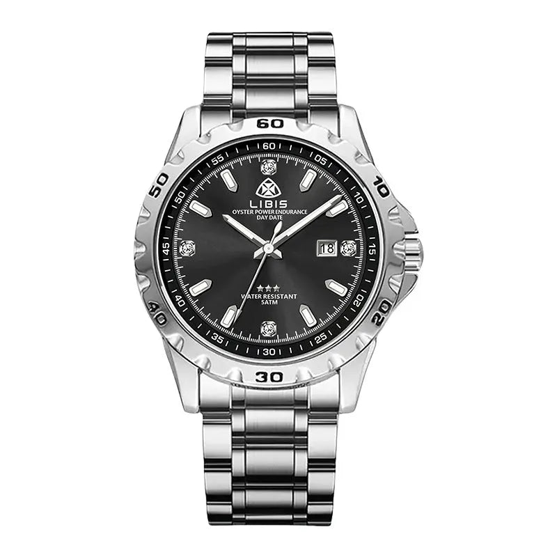Men's silver case quartz watch with luminous hands and stainless steel strap in business style