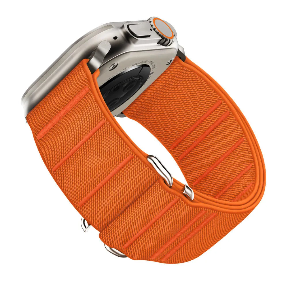 Elastic nylon Apple Watch replacement strap with stainless steel buckle in army green colour