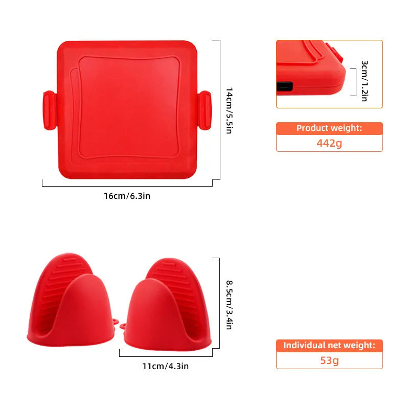 Red silicone baking tray with handbag-style handles and matching oven gloves set