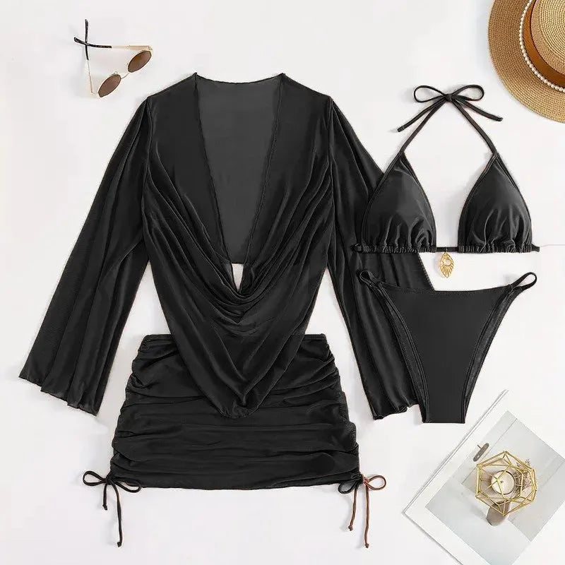 Women's European style blouse lace-up bikini swimsuit in dark brown or black with backless design