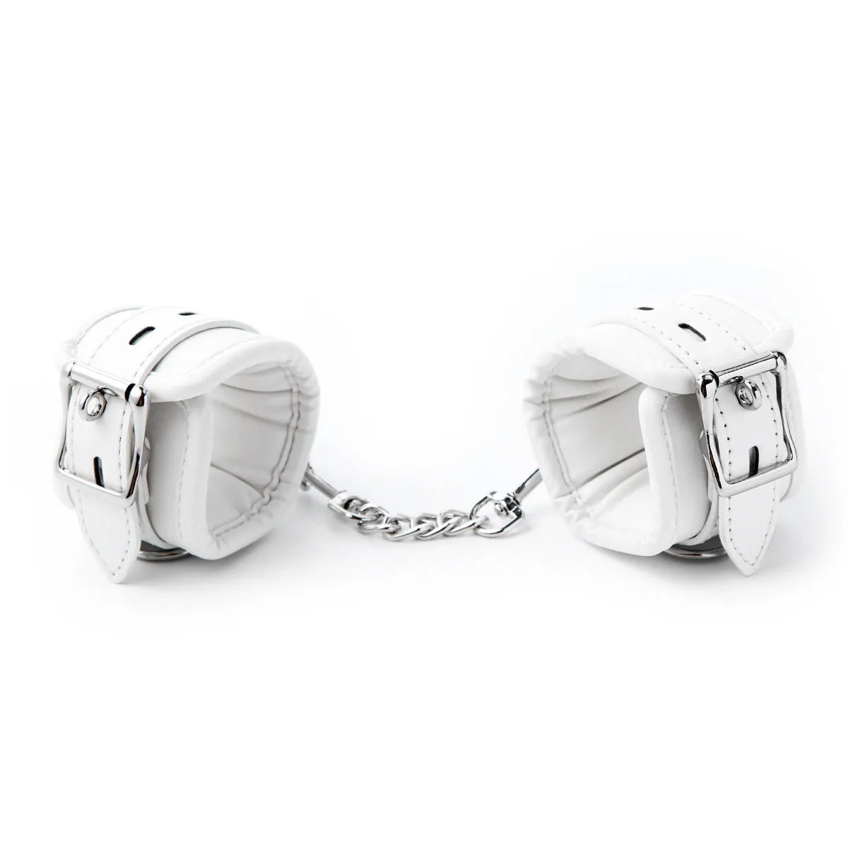 White PU sponge bondage set showing handcuffs, footcuffs and neck scarf with adjustable straps