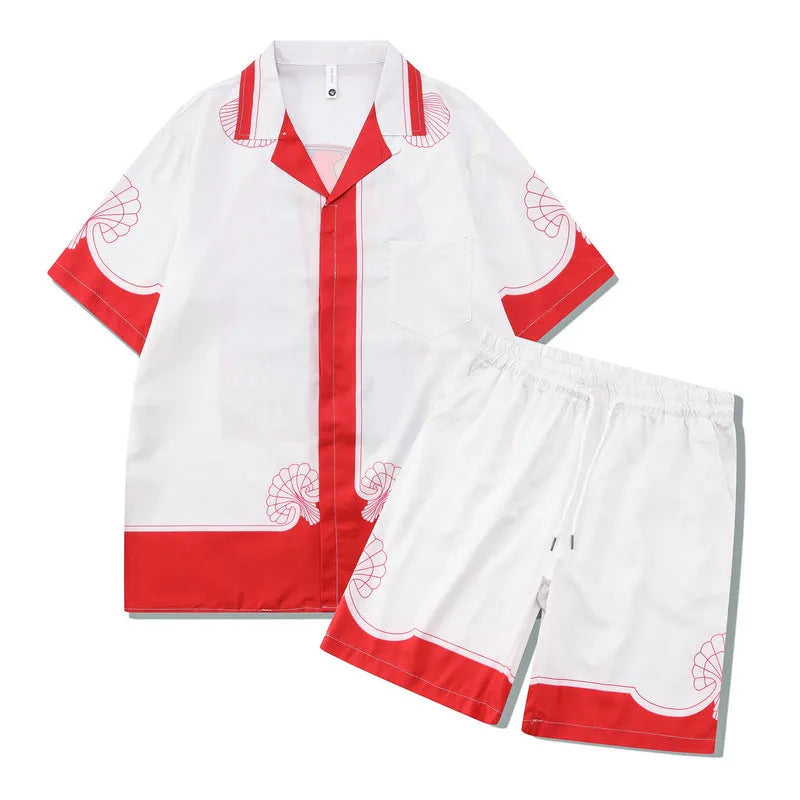 Plaid printed beach outfit for men, consisting of a short sleeve shirt and matching shorts.