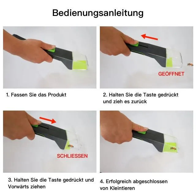 Green plastic handheld insect catcher for garden and lawn pest control.