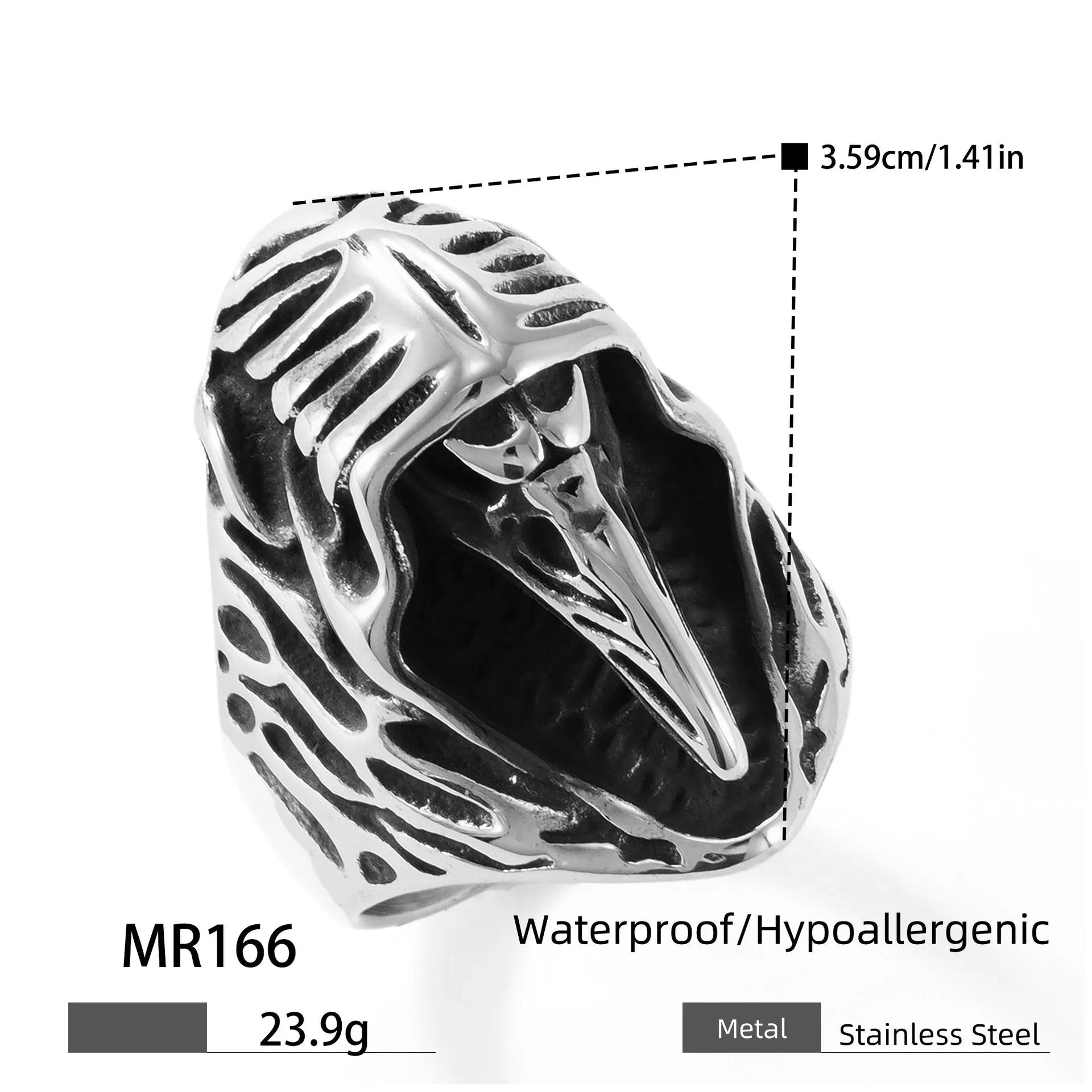 Stainless steel crow ring in MR166 colour with geometric shape and retro punk style.