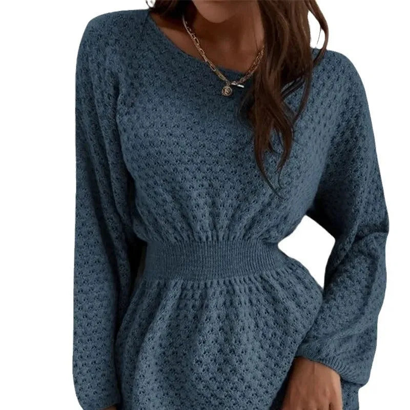 Blue women's knitted dress with hand-crocheted flowers and fitted waist