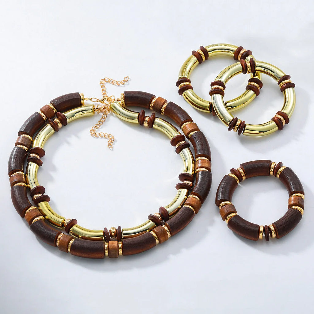 Women's exaggerated multi-layer wooden necklace and matching bracelet jewellery set