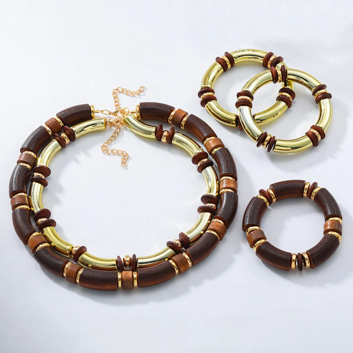 Women's exaggerated multi-layer wooden necklace and matching bracelet jewellery set