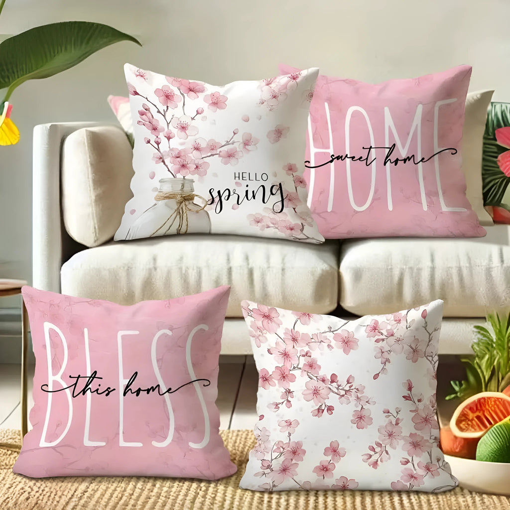 Square cherry blossom letter cushion cover on short velvet fabric, 45x45cm without insert