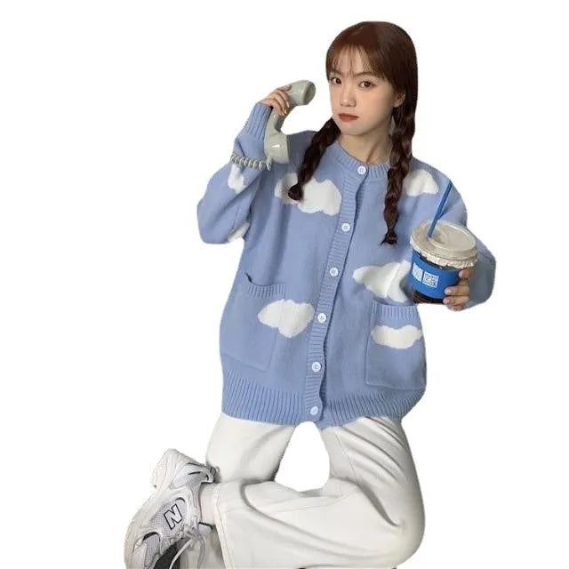 Women's loose blue cloud pattern cardigan sweater coat with long sleeves