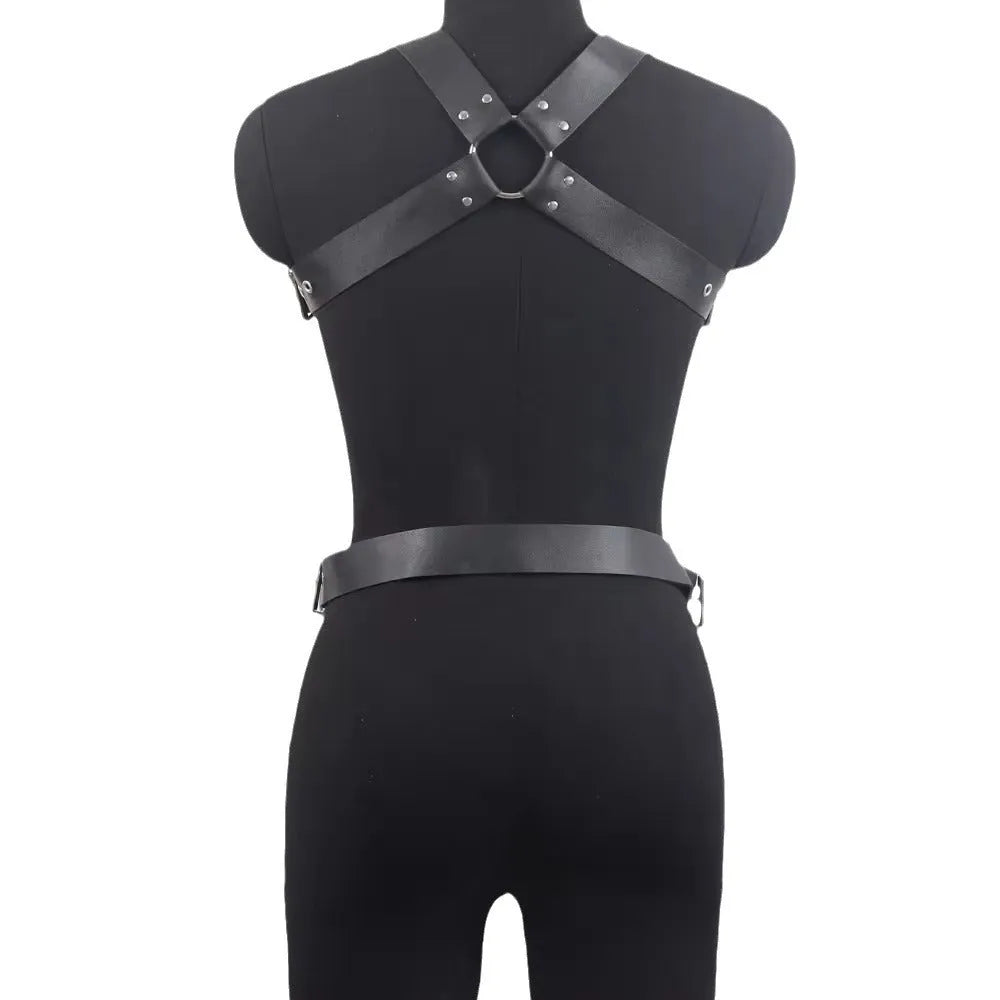 Black imitation leather bondage suit with thin straps and a pin buckle fastening.