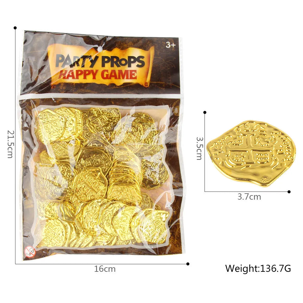 Doli set of 100 electroplated plastic Roman coins in bronze, gold, or silver finish.