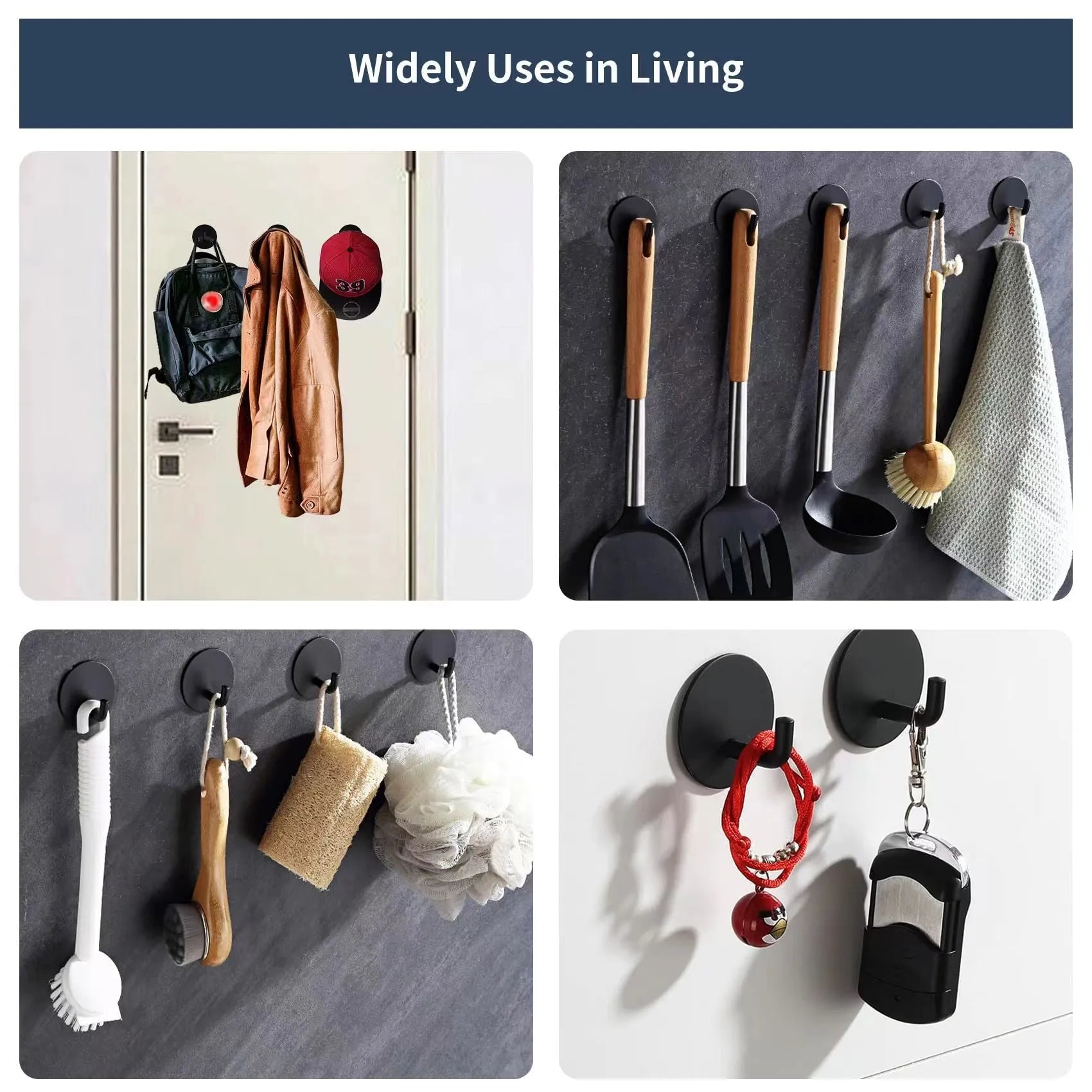 Self-adhesive stainless steel single hook for bathroom and kitchen organisation with 3kg load capacity
