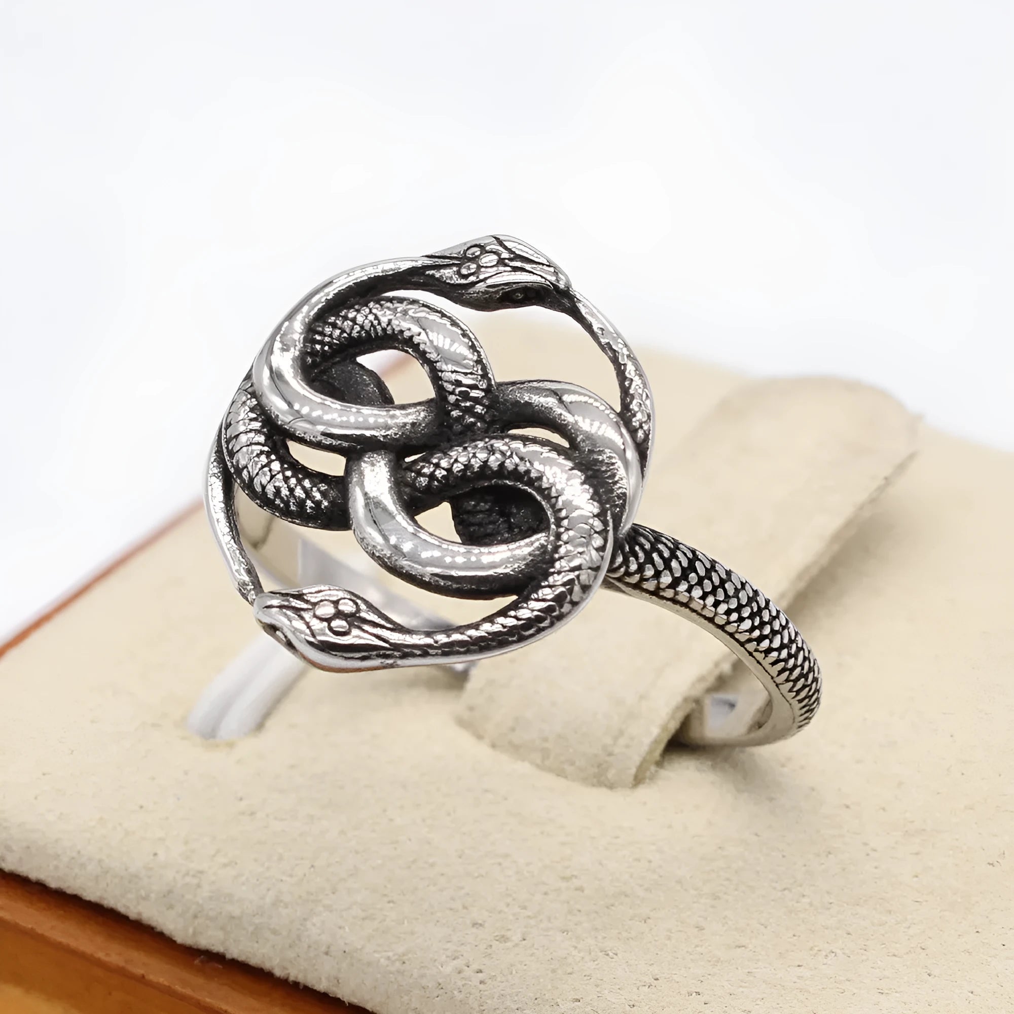 Titanium steel double snake ring in retro European American design, steel colour finish