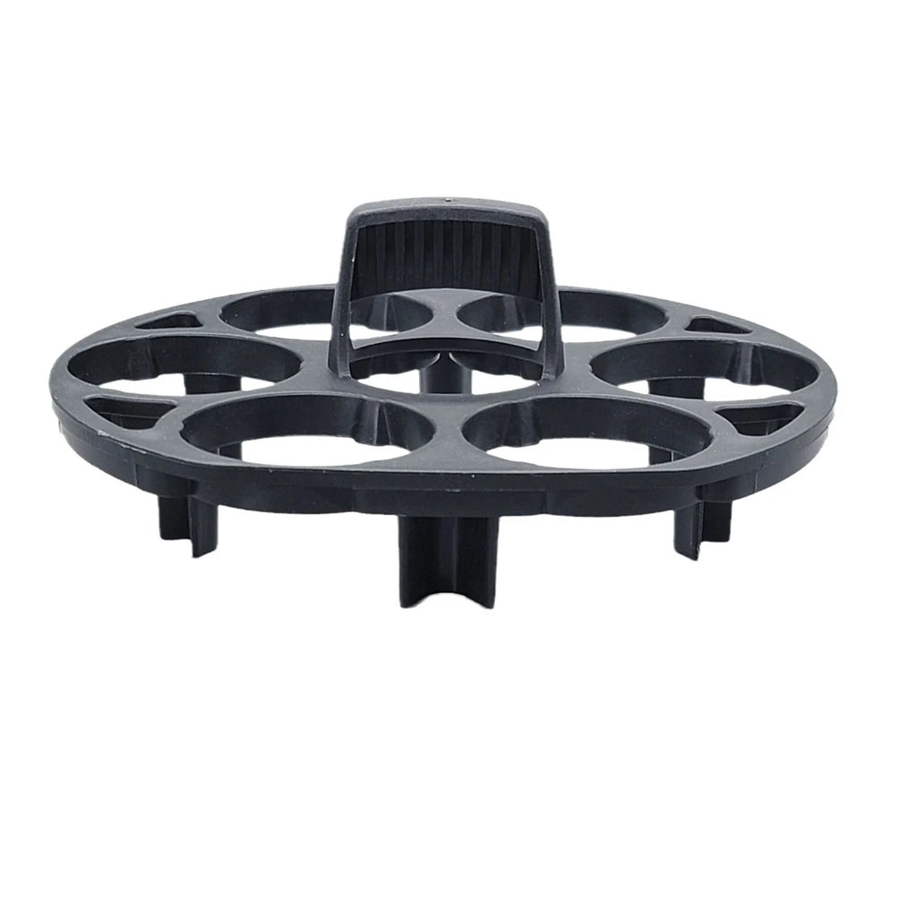 Black plastic egg holder rack with modern design for kitchen organisation.