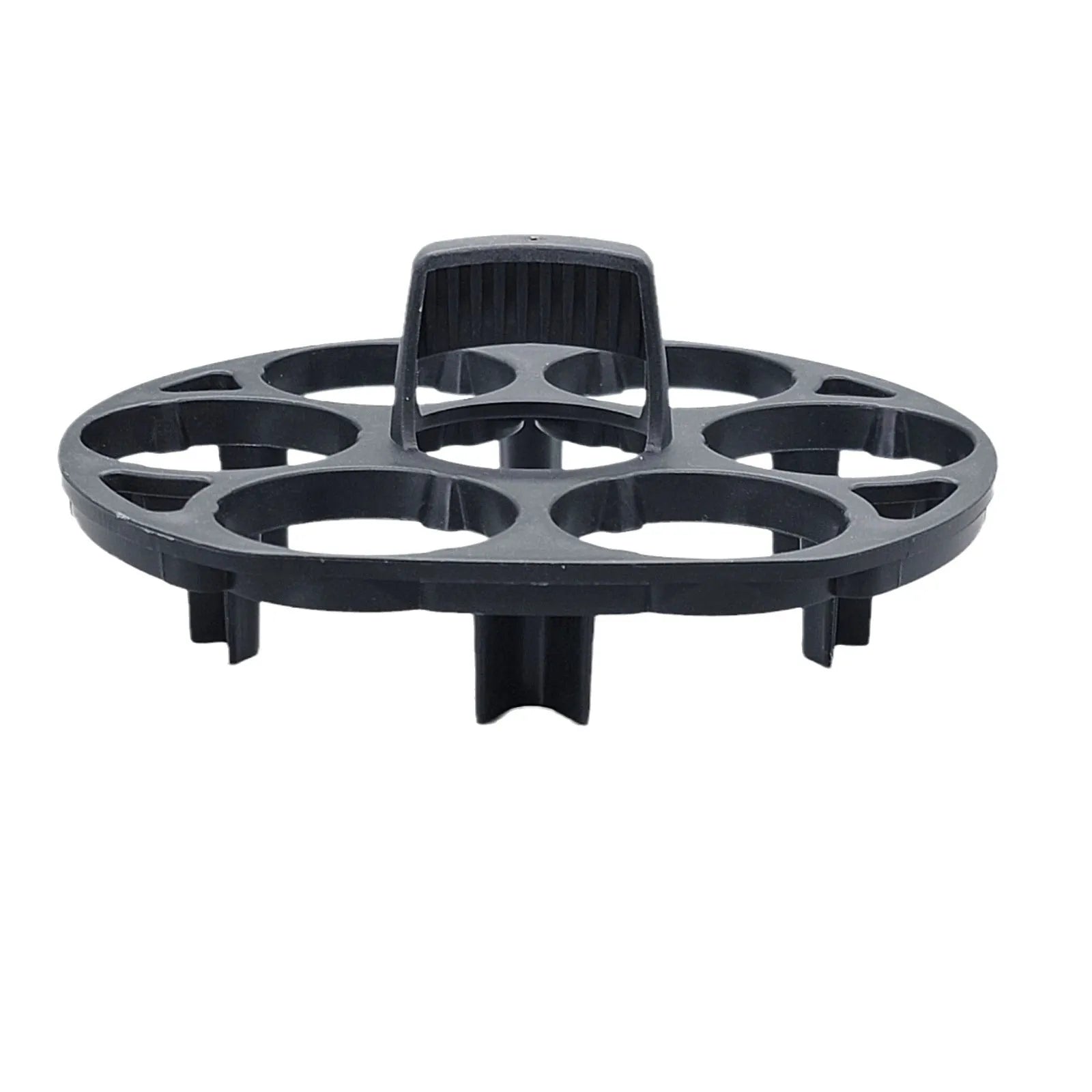 Black plastic egg holder rack with modern design for kitchen organisation.