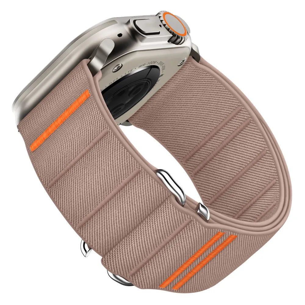 Elastic nylon Apple Watch replacement strap with stainless steel buckle in army green colour