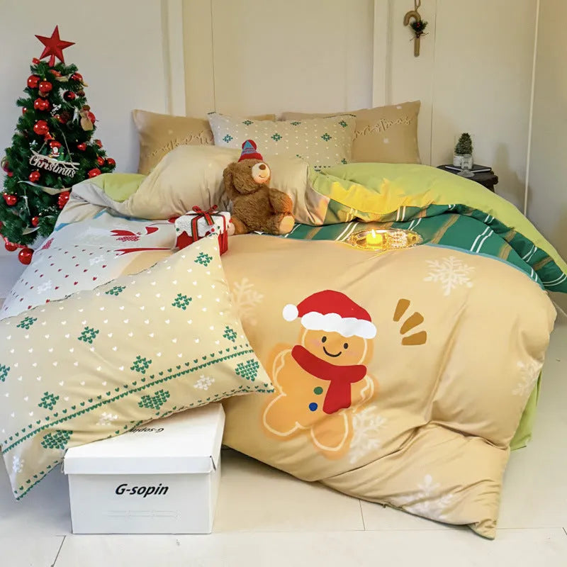Christmas cartoon printed four-piece bedding set showing gingerbread man pattern on super soft washed cotton material