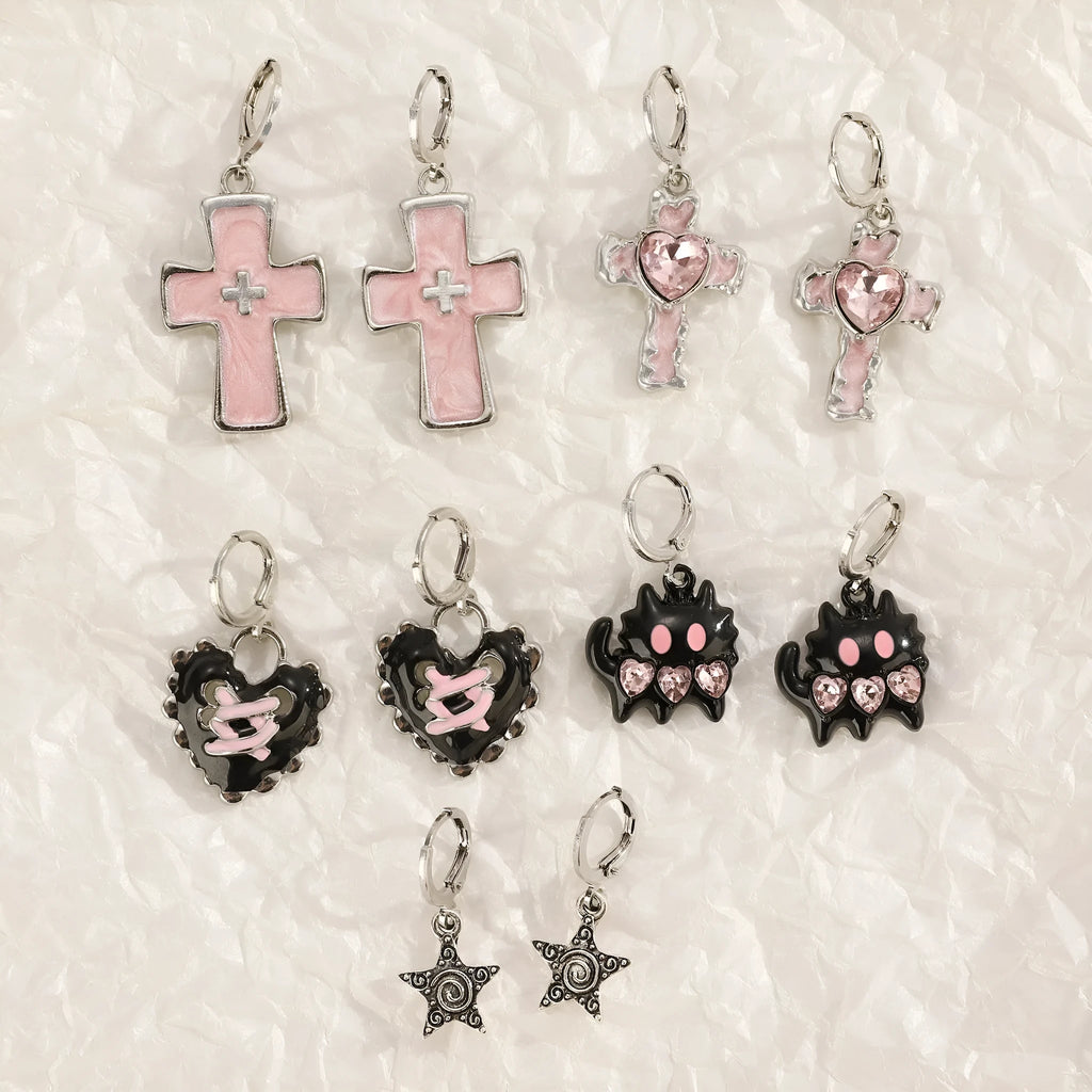 Women's cross crystal earrings with dripping oil treatment in white, black, and silver colour variations