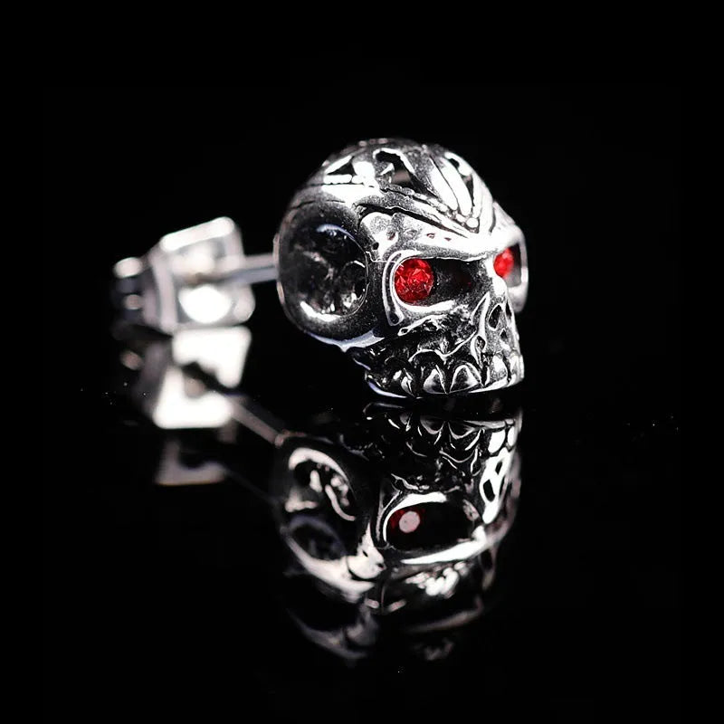 Retro skull stud earrings with red eye ghost head design and artificial gemstone inlay