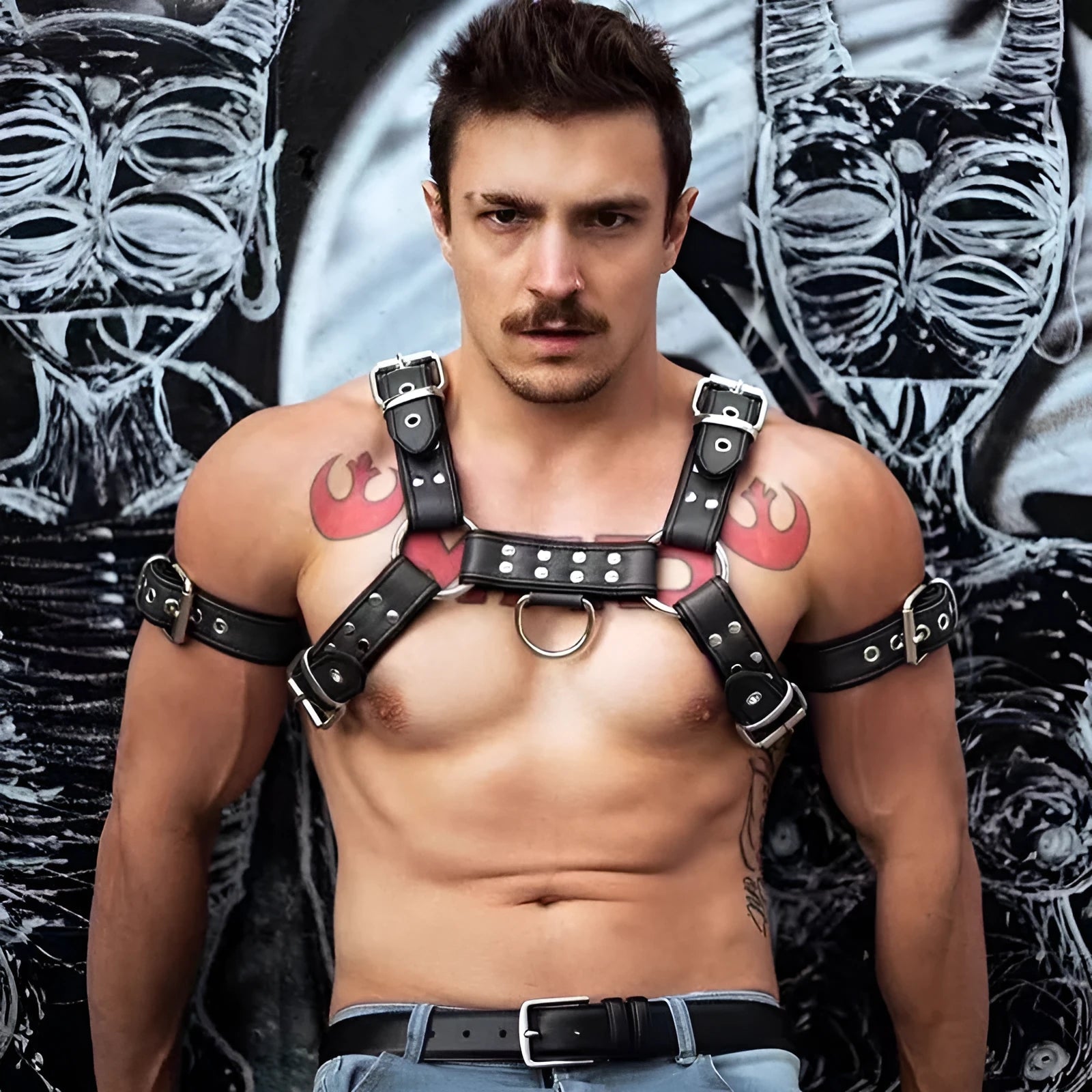 Black leather chest bondage strap with metal buckle adjustment for adult muscle harness