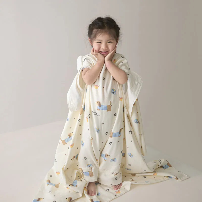 Colourful patterned anti-kick sleeping bag blanket folded to show size and design.