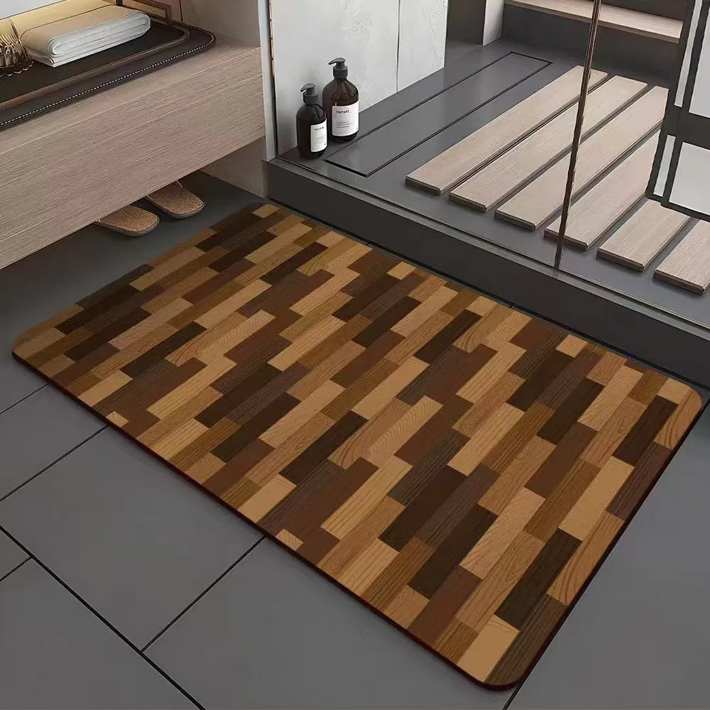 Square diatom ooze floor mat with geometric wood grain pattern in a shower room setting