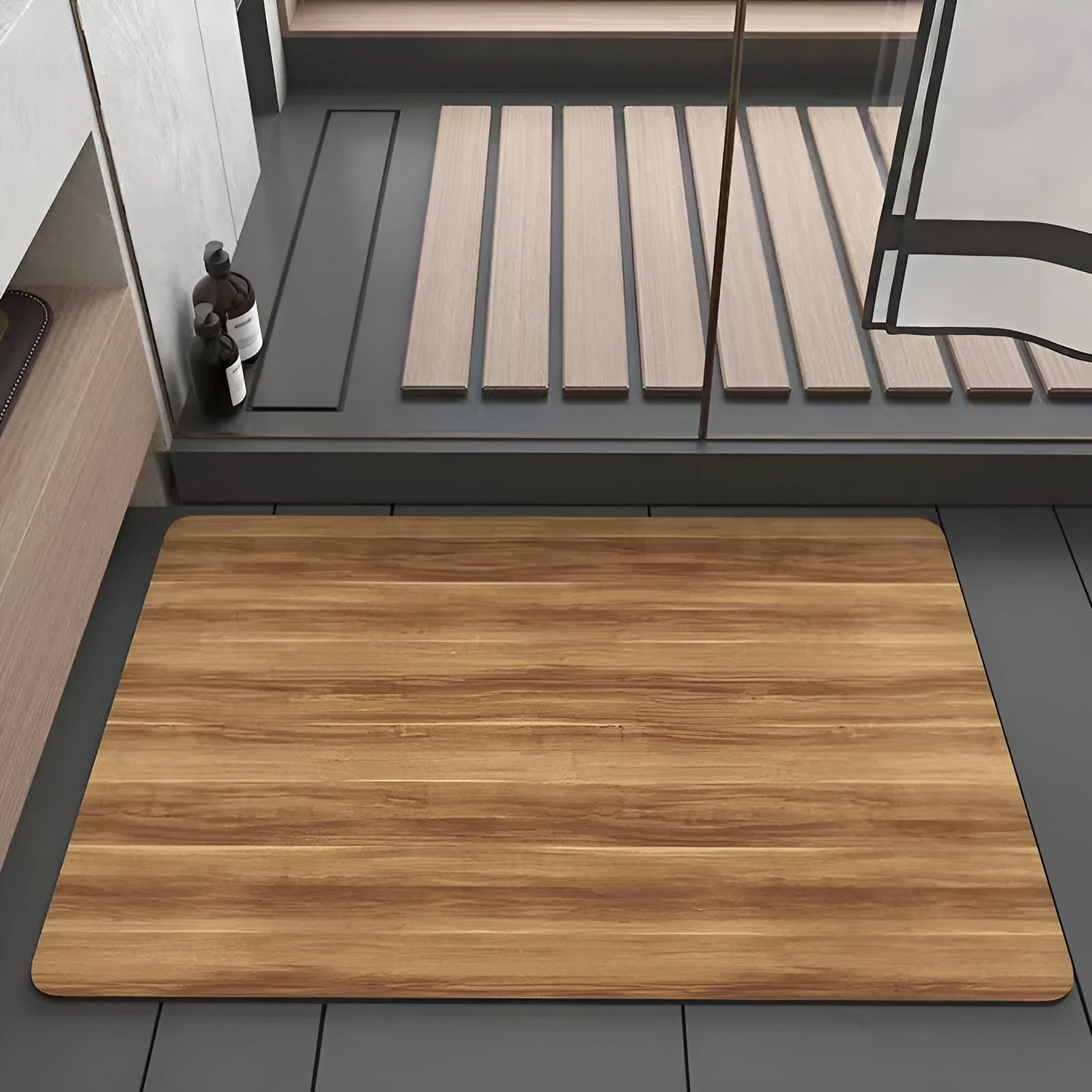 Square diatom ooze floor mat with geometric wood grain pattern in a shower room setting