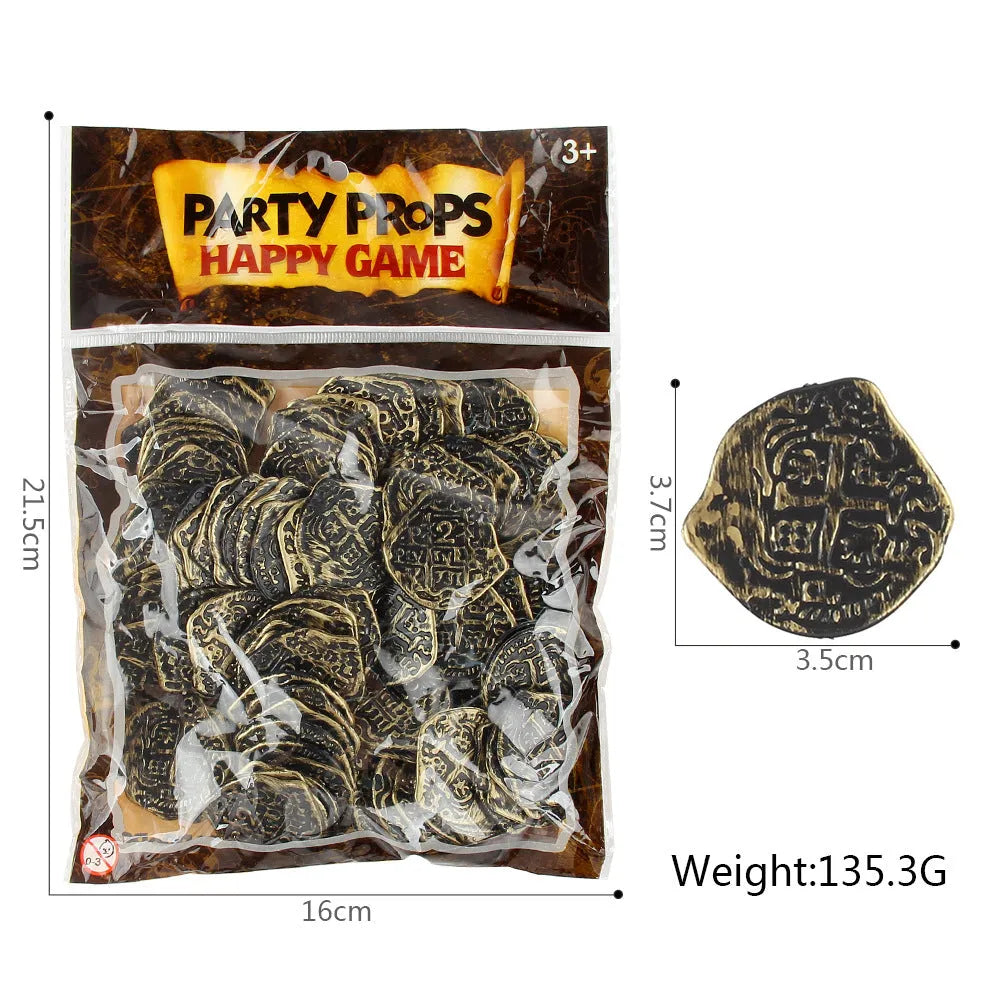 Doli set of 100 electroplated plastic Roman coins in bronze, gold, or silver finish.