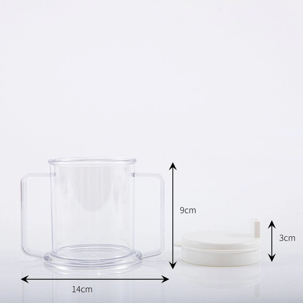 Transparent PP plastic drinking cup with spill-proof features showing clear liquid visibility