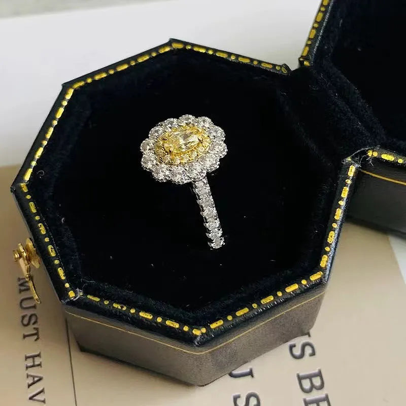 925 sterling silver oval diamond ring in yellow or pink with flower shape, unisex sizes 5 to 9