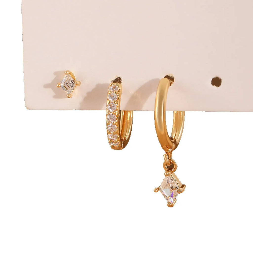 Ladies three-piece geometric earring set with inlaid zircon in gold or white finish