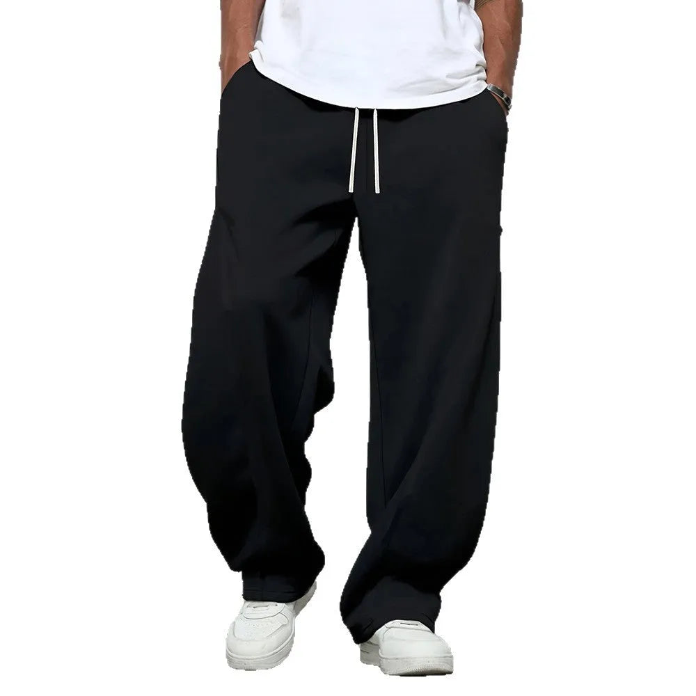 Men's straight-leg casual trousers in grey with a micro-elastic drawstring waist.