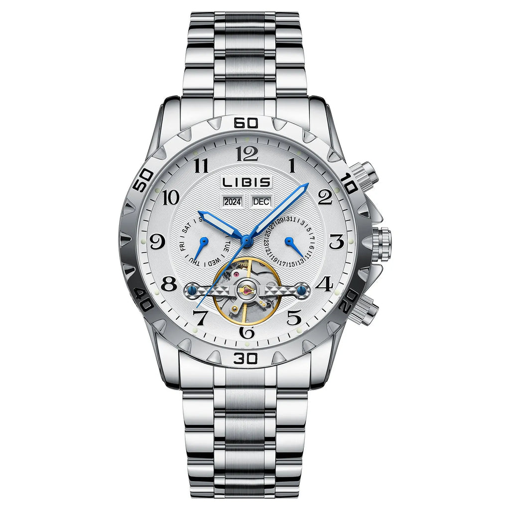 Men's silver automatic perpetual calendar mechanical watch with stainless steel strap and sapphire glass